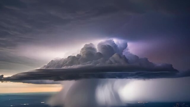 A dramatic time-lapse of a massive supercell thunderstorm. This powerful weather phenomenon unleashes spectacular lightning and heavy rain over a landscape at dusk, showcasing nature's immense energy.