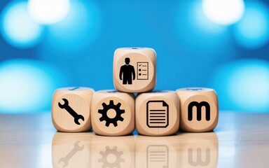 Conceptual image showing wooden blocks with icons for skills, management, data, and tools representing business organization and human resources