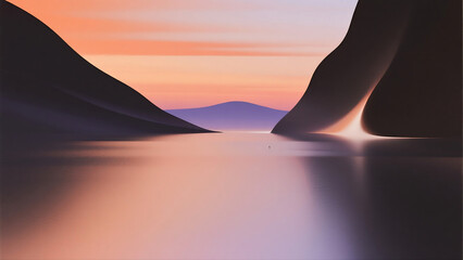 Tranquil Valley with Water Reflections in Purple and Orange Gradient Sunset