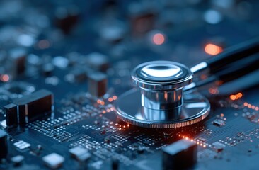 Stethoscope on Computer Circuit Board Representing Tech Health and Diagnostics.