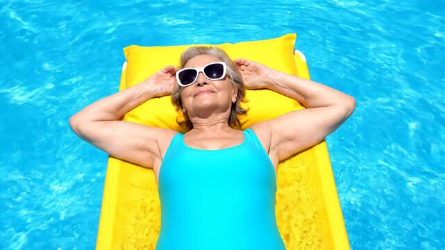 Woman Wearing Sunglasses Relaxes on Yellow Raft in Sunny Blue Swimming Pool