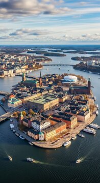 Aerial View of Stockholms Old Town, Gamla Stan, Surrounded by Water and Boats.