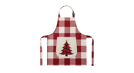 Festive red buffalo plaid apron with embroidered Christmas tree, perfect for holiday baking