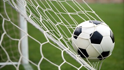 Soccer ball nestled in goal net on a vibrant green field.