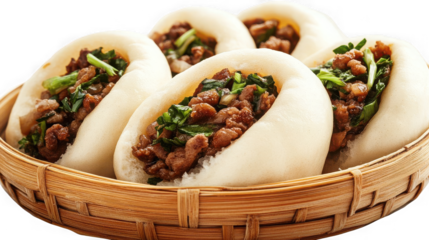 Steamed buns filled with savory meat and green onions in a bamboo steamer basket on transparent background