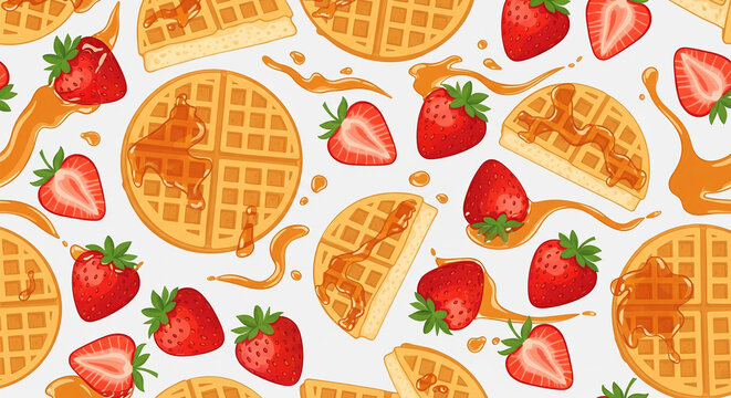 Delicious breakfast pattern featuring waffles with fresh strawberries and drizzled syrup, perfect for food-themed designs and sweet treat promotions