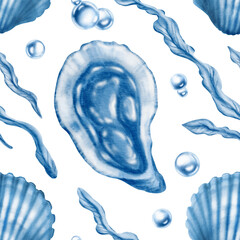 Marine seashells in seamless pattern:oyster,ribbed cemicircular seashell,laminaria,air bubbles in blue monochrome colors.Minimalism graphic in hand drawn watecolor illustration