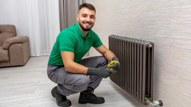 Skilled technician performing maintenance on a home radiator in a modern living room