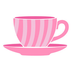 Illustration of a pink striped teacup sitting on a pink saucer with a white background scene design