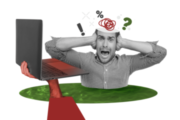 Composite photo collage of shocked hysterics headless man shut ears hand hold macbook break problem repair isolated on painted background