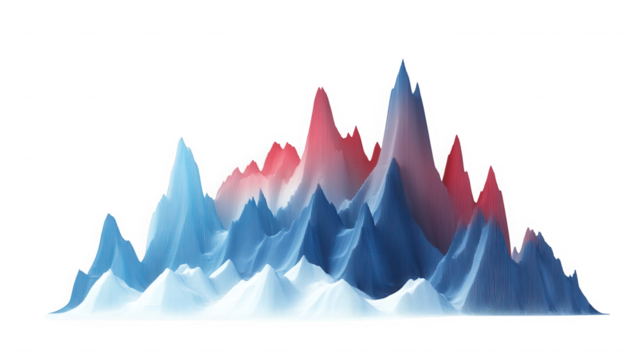 Abstract topographic landscape with blue and red peaks against on transparent background