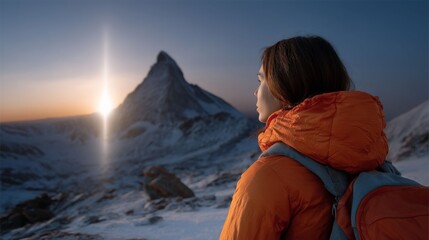 Mountain Sunrise Contemplation: A lone figure in vibrant winter gear stands in quiet contemplation, gazing toward a majestic snow-capped mountain as the sun crests the horizon.