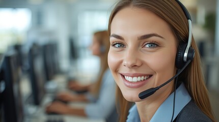 A vibrant, close-up, eye-level photograph of an attractive, friendly female call center agent, customer service representative, or technical support specialist smiling directly at the camera. 