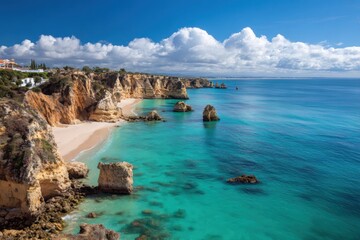 Obraz premium Stunning Algarve Coastline - Cliffs, Beach, and Turquoise Waters.