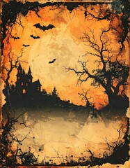 Grunge retro Halloween wallpaper with haunted house and bats on faded orange texture