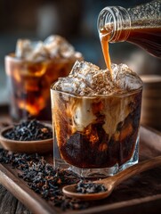Refreshing Iced Drink: A cold drink is a refreshing moment and escape from daily routine, with a stream of freshly brewed coffee being poured over ice cubes.