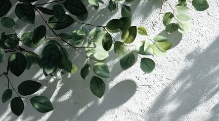 Green leaves cascading down a textured white wall, dappled with sunlight