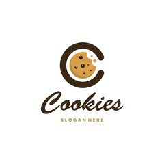 Logo with a bitten chocolate chip cookie forming the letter C, perfect for bakeries and sweets.