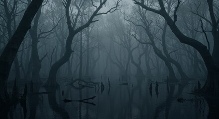 Obraz premium Mysterious Forest Swamp with Fog