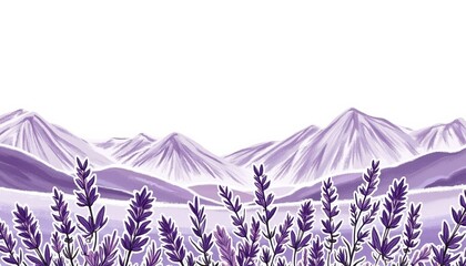Lavender fields with mountains in a purple landscape illustration  