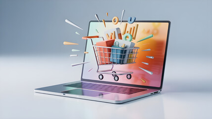 E-Commerce Concept 3D Vector Laptop and Cart