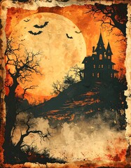 Grunge retro Halloween wallpaper with haunted house and bats on faded orange texture