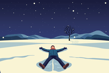 introvert life concept, winter greeting card, happy man - woman lying on snow alone in calm night , vector cartoon