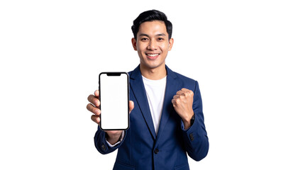 A cheerful businessman holding and showing his smartphone screen