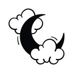 Mystical crescent moon doodle icon for spooky Halloween night designs