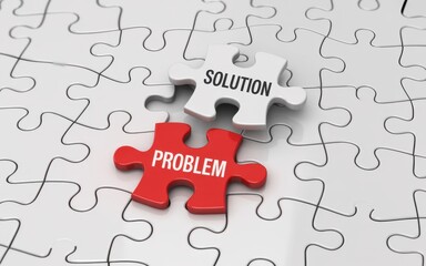 A conceptual illustration of problem-solving where a white puzzle piece labeled solution fits perfectly with a red problem piece