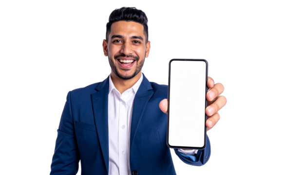 A smiling person holding a smartphone with a blank screen, ideal for showcasing app interfaces or promoting digital content. The individual is smartly dressed and appears friendly and approachable.