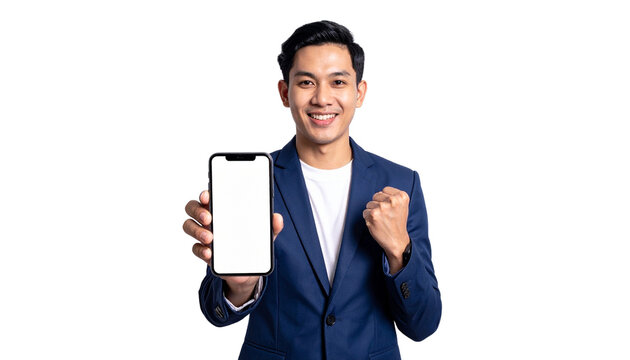 A cheerful businessman holding and showing his smartphone screen