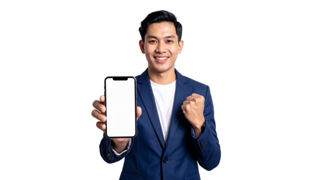 A cheerful businessman holding and showing his smartphone screen