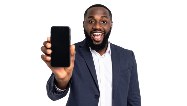 Excited man presenting a phone with a black screen