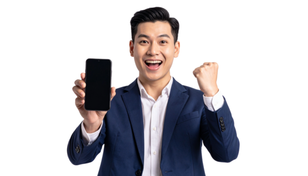 A joyful businessman holding a smartphone, expressing excitement and success. He is wearing a stylish suit, radiating a positive energy
