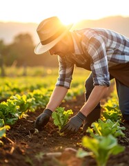 A farmer tending to a field at sunset