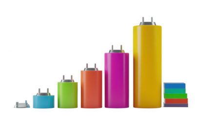 Colorful battery cells arranged in ascending order on transparent background