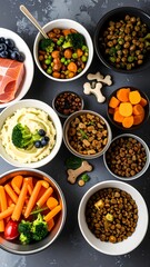 Assorted dog food in bowls