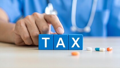 A health worker pointing to the word TAX spelled out with blue blocks, with various pills scattered on a desk