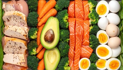 An appetizing and healthy meal of different food like avocado, salmon, eggs and broccoli on display. The image is perfect for showcasing the freshness and nutritional value of the food.