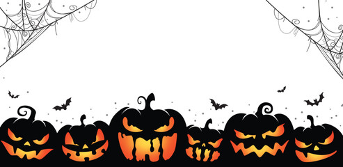 Spooky Halloween background with glowing jack-o’-lanterns, spider webs, and flying bats – perfect for festive designs.