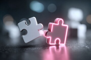 Interlocking Puzzle Pieces: Two puzzle pieces, one illuminated, near the other, symbolizing connection, collaboration, and problem-solving with a glowing effect.