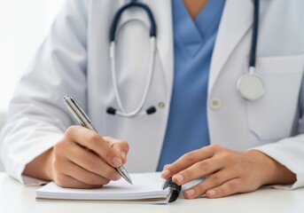Fototapeta premium Doctor wearing a white coat and stethoscope writing notes on a pad isolated on white background