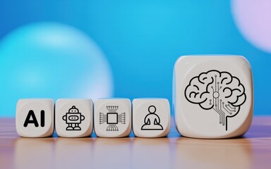 Dice illustrate the components of Artificial Intelligence, showing icons for robotics, processing, and a neural network brain concept