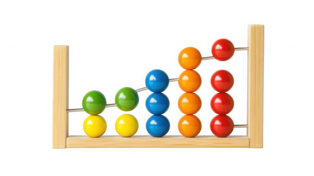 Colorful abacus with wooden frame shows increasing values on transparent background