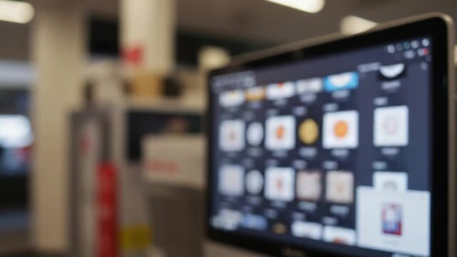 Computer screen displays grid of icons some with faces