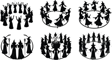 Mystical witches circle vector illustration with cauldron, magical ritual dance, occult ceremony, Halloween silhouettes, enchanted sorcery, and dark coven design.