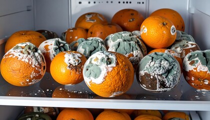 Spoiled oranges in a refrigerator