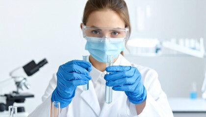 A scientist wearing protective gear is holding two test tubes filled with a clear liquid. The image takes place in a laboratory setting with a microscope in the background