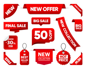 Red sale stickers, best sellers, hot price, special offers. Set label tags, realistic ribbon. Promotional emblems. Badges for store. Vector illustration.